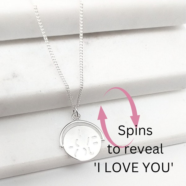 Valentines Gift I Love You Spinning Necklace, Sterling Silver Pendant, For Wife Girlfriend Fiancee, Jewellery For Partner Or Loved One