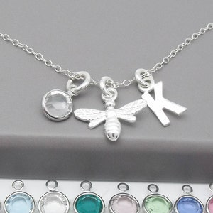 Sterling Silver Bee Monogram Necklace | Bee Pendant | Silver Bee Jewellery | Initial & Birthstone | 925 Silver