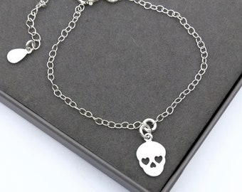 Skull Sterling Silver Charm Bracelet | Silver Skull Adjustable Bracelet | Jewellery Gift | 925 Silver