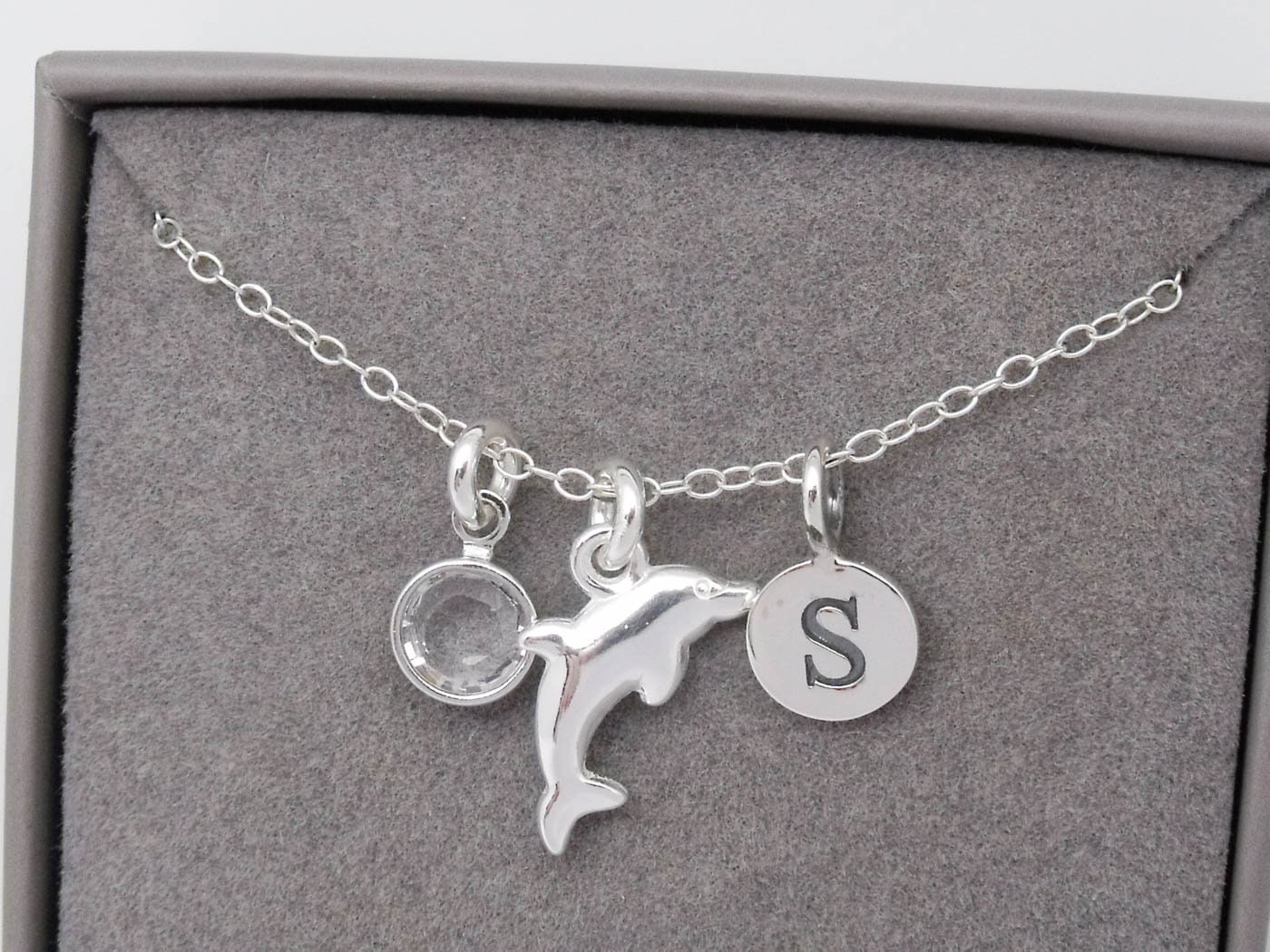 Sterling Silver Dolphin Pendant Necklace | Silver Dolphin Jewellery |  Personalised Dolphin Gift | Initial & Birthstone | 925 Silver