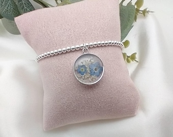Forget Me Not Flower Bracelet | Dried Flowers in Resin | Botanical Beaded Bracelet | Memorial Gift | Nature Jewellery