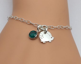 Hedgehog Sterling Silver Birthstone Bracelet | Hedgehog Jewellery Gift | Personalised Silver Hedgehog Bracelet | 925 Silver