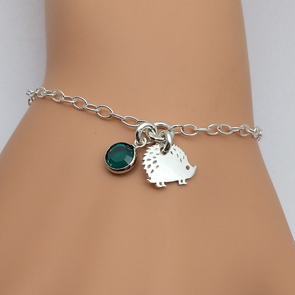 Hedgehog Sterling Silver Birthstone Bracelet | Hedgehog Jewellery Gift | Personalised Silver Hedgehog Bracelet | 925 Silver