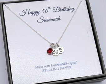 50th Birthday Sterling Silver Message Name Pendant Necklace | 50 Birthday Boxed Jewellery | 50th Gift | Personalised Initial & Birthstone