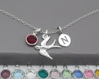 Sterling Silver Swallow Pendant Necklace | Silver Bird Jewellery | Personalised Swallow Bird Gift | Initial & Birthstone | 925 Silver