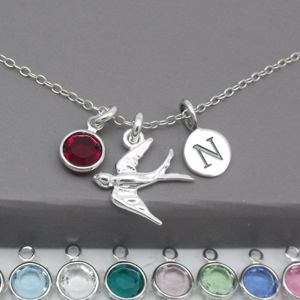 Sterling Silver Swallow Pendant Necklace | Silver Bird Jewellery | Personalised Swallow Bird Gift | Initial & Birthstone | 925 Silver