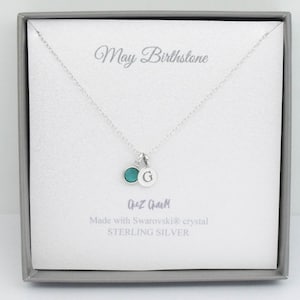 Collier pendentif en argent sterling avec pierre de naissance de mai | Cadeau d'anniversaire avec bijoux en boîte, carte postale | Initiale et pierre de naissance | Argent 925