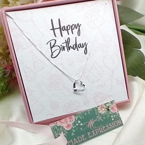 Cadeau joyeux anniversaire Collier coeur en argent sterling, carte postale, coffret cadeau, pendentif 925