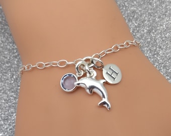 Dolphin Sterling Silver Bracelet | Dolphin Jewellery Gift | Personalised Adjustable Silver Bracelet | Initial & Birthstone | 925