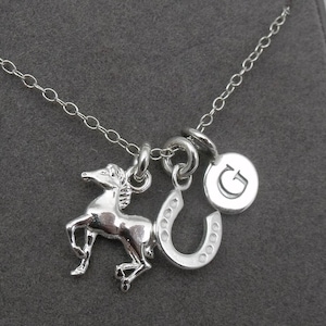 Sterling Silver Horse & Horseshoe Necklace | Equestrian Necklace | Horse Jewellery | Horse Lover | Initial Necklace | 925 Silver