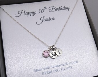 30th Birthday Sterling Silver Message Name Pendant Necklace | 30 Birthday Boxed Jewellery | 30th Gift | Personalised Initial & Birthstone