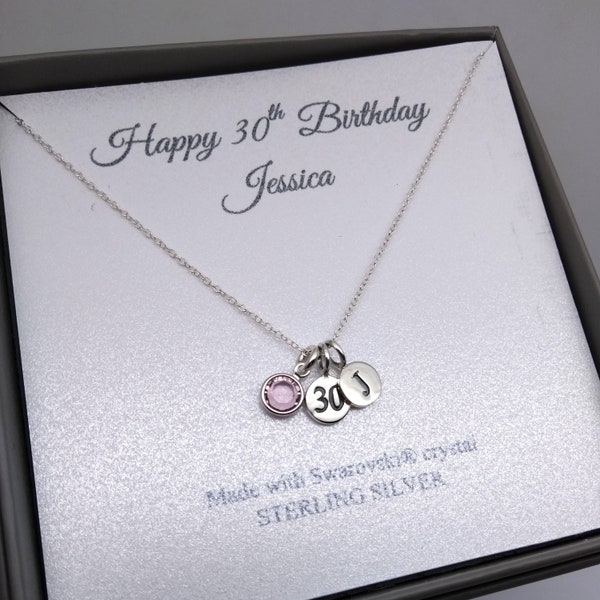 30th Birthday Sterling Silver Message Name Pendant Necklace | 30 Birthday Boxed Jewellery | 30th Gift | Personalised Initial & Birthstone