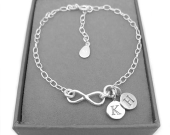 Sterling Silver Infinity Double Initial | Bracelet Gift | Personalised | Couples Gift | Wife | Adjustable Silver Link Bracelet | 925