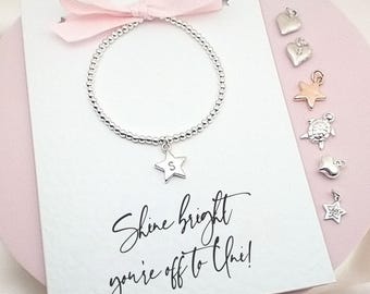 Starting University Gift Bracelet Card for Her Present, Good Luck Jewellery, Greeting Card with Silver Bead Bracelet