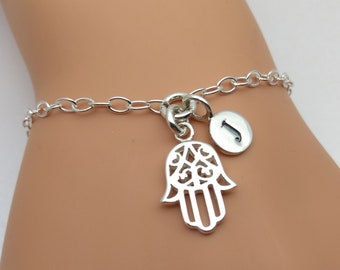 Hamsa Hand Sterling Silver Bracelet | Hand of Fatima Jewellery | Personalised Hamsa Hand Gift | Initial Letter | 925 Silver