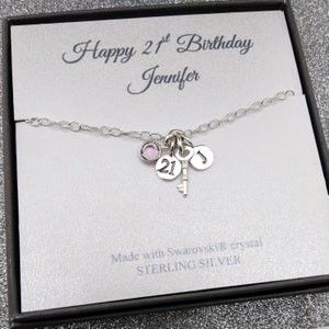Bracelet clé de 21e anniversaire en argent sterling Message | 21 | de bijoux en boîte d’anniversaire 21e | cadeau | initial personnalisé de la pierre de naissance 925 Argent