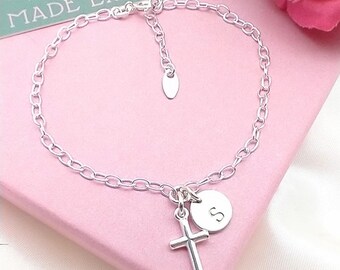 Sterling Silver Cross Bracelet with Initial Charm | Holy Communion | Personalised Faith Gift | Baptism