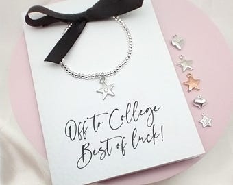 Starting College Gift Bracelet Card for Her, School Leaver Present, Good Luck Jewellery, Greeting Card with Silver Bead Bracelet