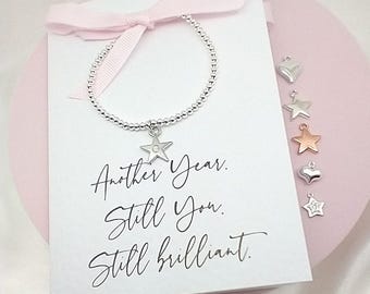 Birthday Bracelet Card Gift With Personalised Charm Jewellery for Her | Greetings Card with Beaded Stretch Bracelet | Add Message Inside
