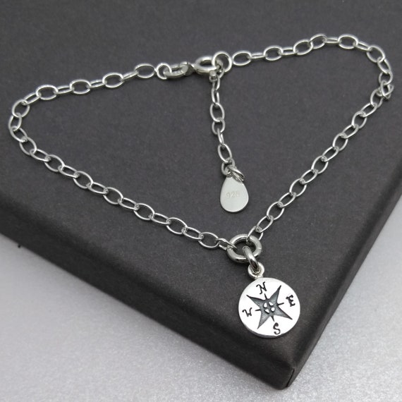 Initial Bracelet - Engraved Compass Bracelet- Silver - Birthday Gift