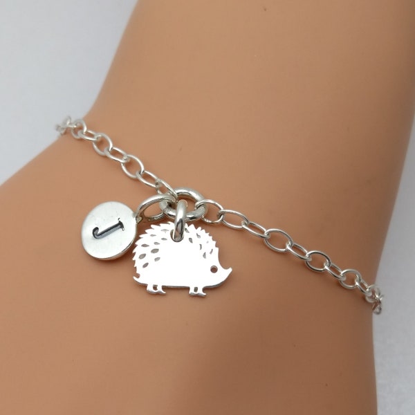 Hedgehog Sterling Silver Initial Bracelet | Hedgehog Jewellery Gift | Personalised Silver Hedgehog Letter Bracelet | 925 Silver