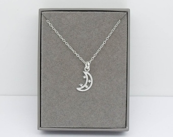 Sterling Silver Crescent Moon & Stars Necklace | Half Moon Pendant | Moon Jewellery | Moon Silhouette | 925 Silver