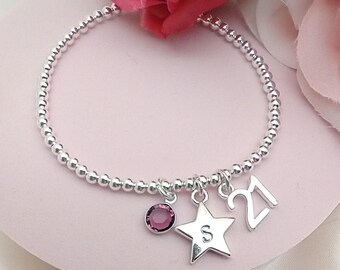 21st Birthday Silver Plated Bead Stacking Bracelet Gift, Initial Bracelet, Birthstone
