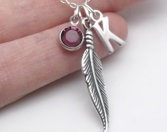 Sterling Silver Personalised Feather Monogram Necklace | Feather Pendant | Feather Jewellery | Initial & Birthstone | 925 Silver