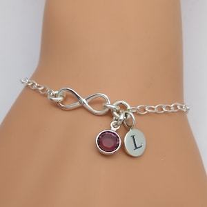 Sterling Silver Infinity Initial & Birthstone Bracelet | Bridesmaid Bracelet Gift | Personalised Adjustable Silver Link Bracelet | 925