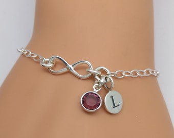 Sterling Silver Infinity Initial & Birthstone Bracelet | Bridesmaid Bracelet Gift | Personalised Adjustable Silver Link Bracelet | 925