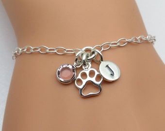 Sterling Silver Pet Paw Print Bracelet | Silver Animal Paw Jewellery | Personalised Paw Print Gift | Cat Paw | Dog Paw | Initial Birthstone