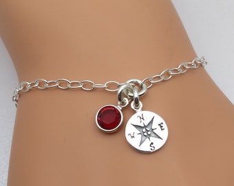 Compass Sterling Silver Birthstone Bracelet | Graduation Gift | Silver Compass Jewellery | Distance Traveller Travelling | 925 Silver