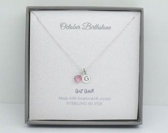October Birthstone Sterling Silver Pendant Necklace Gift | Message Card Boxed Birthday Jewellery Gift | Initial & Birthstone | 925 Silver
