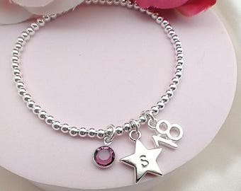 18th Birthday Gift Silver Plated Bead Stacking Bracelet, 18 Birthday Present, Initial Bracelet, Birthstone