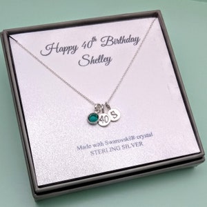 Collier avec pendentif message en argent sterling pour 40e anniversaire | 40 anniversaires en boîte de bijoux | 40e cadeau | Initiale et pierre de naissance personnalisées