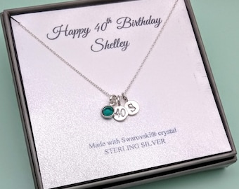 40th Birthday Sterling Silver Message Name Pendant Necklace | 40 Birthday Boxed Jewellery | 40th Gift | Personalised Initial & Birthstone