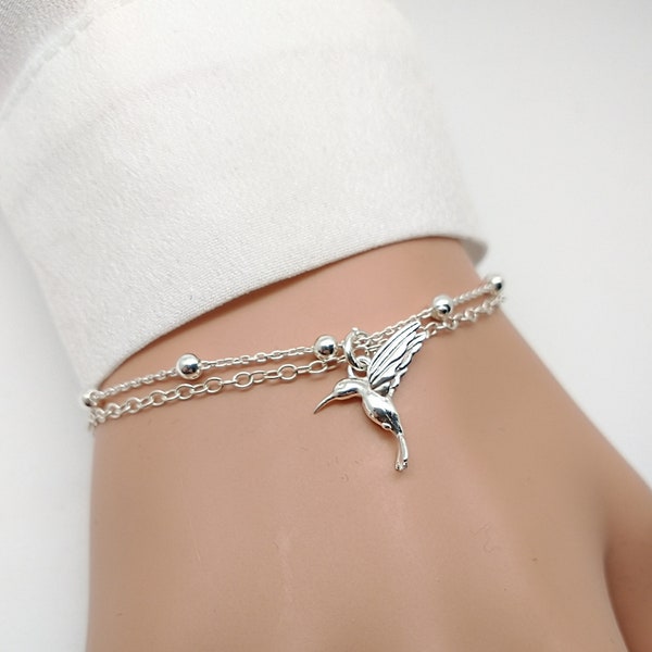 Sterling Silver Hummingbird Bracelet, Double Strand Bracelet, Two Layer, Gift For Her, Extendable, Boxed
