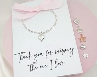 Mother of Groom Wedding Gift | Mother In Law Gift – Silver Beaded Bracelet on Greetings Card, Personalised Charm, Card with Envelope