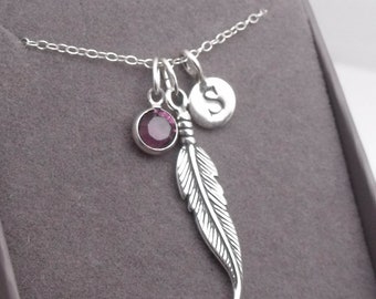 Sterling Silver Personalised Feather Necklace | Feather Pendant | Feather Jewellery | Initial & Birthstone | 925 Silver