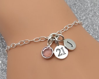 21st Birthday Bracelet Gift | Personalised 21 Gift For Woman | Customised Initial Birthstone Jewellery Engraved Disc | 925 Silver