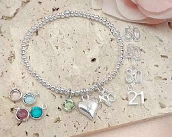 18th Birthday Gift Silver Bead Milestone Bracelet, 21st / 30th / 40th / 50th / 60th Birthday Present, Initial Heart Bracelet, Birthstone