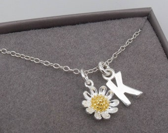 Sterling Silver Daisy Monogram Necklace | Daisy Flower Pendant | Daisy Jewellery | Initial Necklace | Floral | Feminine 925 Silver