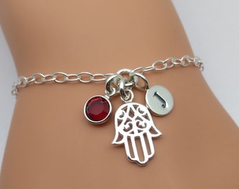 Hamsa Hand Sterling Silver Bracelet | Hand of Fatima Jewellery | Personalised Hamsa Hand Gift | Initial & Birthstone | 925 Silver