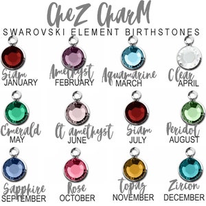 May include: A collection of Swarovski birthstone charms in various colors, including red, purple, and blue. Each charm is labeled with a month and stone name, such as "January Siam" and "February Amethyst". The text "Chez Charm" and "SWAROVSKI ELEMENT BIRTHSTONES" are also visible.