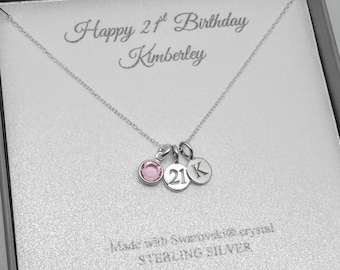 21st Birthday Sterling Silver Message Pendant Necklace | 21 Birthday Boxed Jewellery | 21st Gift | Personalised Initial & Birthstone