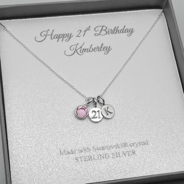 21st Birthday Sterling Silver Message Pendant Necklace | 21 Birthday Boxed Jewellery | 21st Gift | Personalised Initial & Birthstone