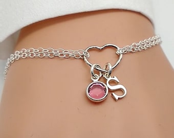 Sterling Silver heart Initial & Birthstone Bracelet | Bridesmaid Bracelet Gift | Personalised Adjustable Silver Link Bracelet | 925