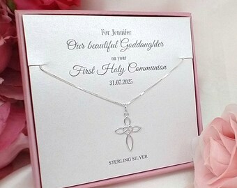Holy Communion Sterling Silver Necklace Cross Gift | Sterling Silver Infinity Heart Crucifix Personalised Message Boxed Jewellery