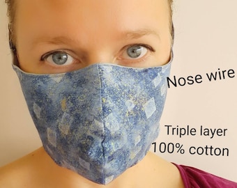 Face Mask Triple layer 100% cotton Reusable Washable with Filter Pouch Australian Tasmanian made