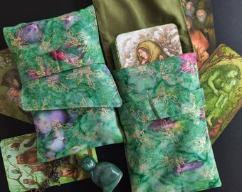 Green Botanical Holly Leaves Batik Tarot Bag Christmas Xmas Oracle Card foldover pouch